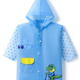 Babyhug Full Sleeves Below Knee Length Hooded Raincoat With Dinosaur & Star Print - Blue-image-35