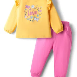 Doodle Poodle 100% Cotton Knit Full Sleeves T-Shirt & Joggers Set Floral & Butterfly Print - Yellow & Pink-picture-21