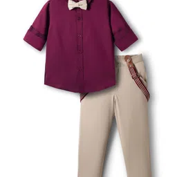 Babyhug Cotton Woven Full Sleeves Solid Party Shirt & Trouser Set With Bow & Suspender - Maroon-picture-23