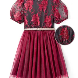 Hola Bonita Half Sleeves Floral Lace & Glitter Mesh Detailing Party Dress with Belt - Red-image-79