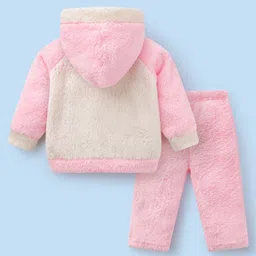 Mark & Mia Full Length Raglan Sleeves Hooded Winter Wear Night Suit with Kangaroo Pocket & Bunny Patch - Pink & White image 2