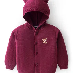 Babyoye 100% Cotton Full Sleeves Hooded Sweater With Teddy Applique - Purple image 3
