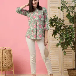 Odette Green Cotton Floral Print A Line Kurti image 4