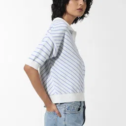 Only White & Blue Cotton Striped T-Shirt image 4