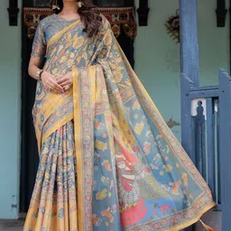 MAHARANI COUTURE Floral Pure Cotton Fusion Jamdani Saree With Blouse Piece-picture-21