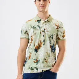 Spykar Green Cotton Slim Print Polo T-Shirt-image-1