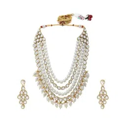 Peora Beads Kundan Layered White Necklace & Dangle Earrings Set-picture-23