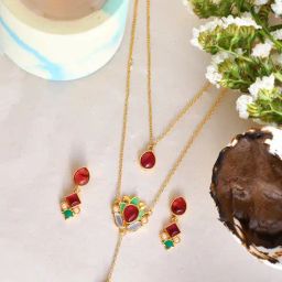 Voylla Forever More Pink Stones Enamelled Layered Necklace Jewellery Set-picture-20
