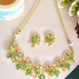 Voylla Forever More Green Stones and Pearls Enamelled Jewellery Set-image-6