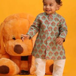 VASTRAMAY Boys Green & Pink Printed Full Sleeves Kurta Sets-picture-0