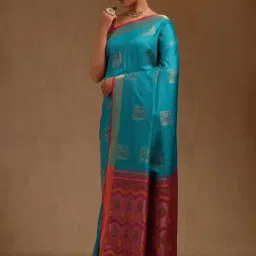 Soch Turquoise Blue Silk Zari Saree With Unstitched Blouse Piece image 3