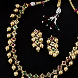 THE AAB STUDIO Gold-Plated Green & White Stone-Studded & Beaded Handcrafted Jewellery Set-picture-44