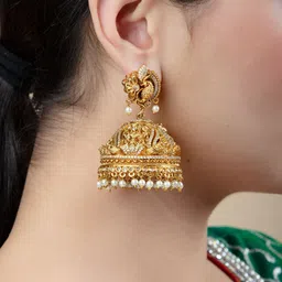 jooltara Contemporary Gold-Plated Stones-Studded & Beaded Jhumka Earrings image 3