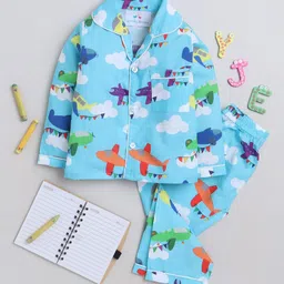 Knitting Doodles Premium Cotton Full Sleeves Aeroplane  Printed    Coordinating Night Suit - Blue image 1