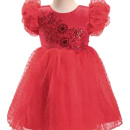 Babyhug Half Puffed Sleeves Sequins & Embroidery Detailing Fit & Flare Party Frock - Red-picture-28