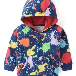 Babyhug Cotton Knit Full Sleeves Hooded Sweatjacket with Kangaroo Pockets Paint Stains Print - Navy Blue-picture-14