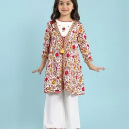 Babyhug Cambric Woven Three Fourth Sleeves Embroidered Top Palazo Set With Floral Embroidery & Printed Jacket - White-picture-19