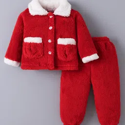 Kookie Kids Full Sleeves Winter Wear Night Suit With Pockets Detailing - Red-picture-30