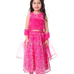 Babyhug Woven Sleeveless Sequin Embroidered Choli Lehenga Set with Dupatta & Frill Detailing - Fuschia-picture-20