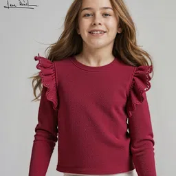 arias by lara dutta Arias Structure Knit Full Sleeves Solid Colour Party Top with Frill Detailing - Maroon-picture-20