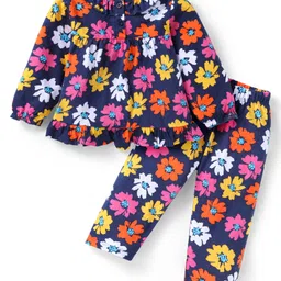Babyhug Cotton Knit Full Peasant Sleeves Floral Printed Night Suit - Navy Blue-picture-16
