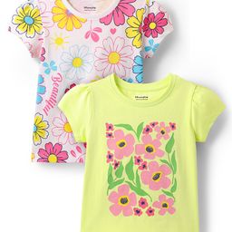 Honeyhap Premium 100% Cotton Knit Half Sleeves Floral Printed Tops with Bio Finish Pack of 2 - Bright White & Sunny Lime-picture-17