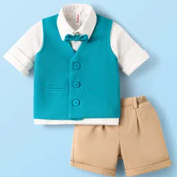 Babyhug Knit Full Sleeves Solid 3 Piece Party Suit With Bow - White Blue & Beige-picture-25