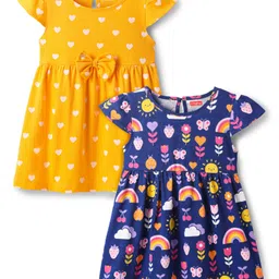 Babyhug Single Jersey Knit Half Sleeves Frocks with Floral & Heart Print & Bow Applique Pack Of 2 - Navy Blue & Yellow-picture-23