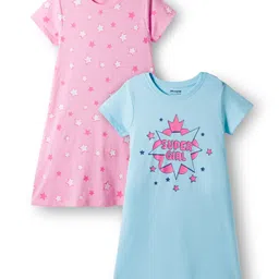 Honeyhap 100% Cotton Knit Half Sleeves Nighty With Bio Finish & Star Print Pack Of 2 - Pink & Light Blue-picture-25