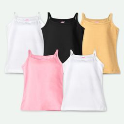 Ariel Cotton Lycra Knit Pack Of 5 Sleeveless Solid Camisoles - Black Beige Pink & White-picture-32