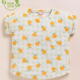 Cot & Candy Organic Muslin Cotton Knit Half Sleeves Checked & Oranges Printed Top - Orange-picture-14