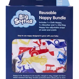 Big Softies Reusable Nappy Bundle Set of Cloth Nappy+Absorber+Wet Bag with two Pockets Adjustable Snap Fastener Water-resistant Comfortable Rash-Free From Newborn to 24 months Print-Machine-image-1