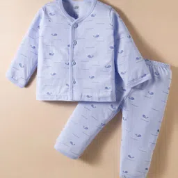 Zero Sinker Knit Full Sleeves Co-ords Night Suit With Fish Print - Blue-picture-10
