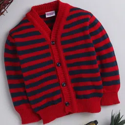 Little Angels Woollen Knit Full Sleeves Striped Cardigan - Red & Navy Blue-image-56