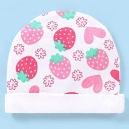 Babyhug 100% Cotton Knit Cap Mittens & Booties Set Fruity Print - White & Pink image 2