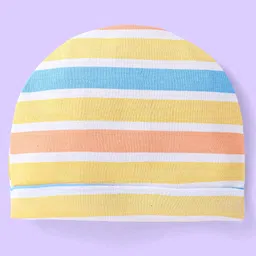 Babyhug Interlock Cotton Knit Tropical & Stripe Printed Caps Pack Of 2 - Blue & Yellow image 2