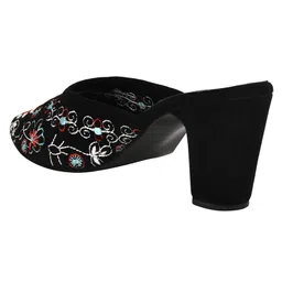 Shoetopia Floral Embroidered Pointed Toe Block Heels - Black image 3