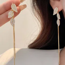 styledose Sterling Silver Stone Studded Leaf Shaped Drop Earrings image 3