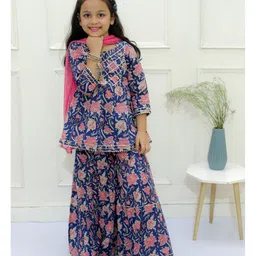 Ka-mee Cotton Woven Three Fourth Sleeves Floral Printed & Gota Lace Embellished Coordinating Kurta & Sharara With Dupatta Set - Blue image 4