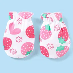 Babyhug 100% Cotton Knit Cap Mittens & Booties Set Fruity Print - White & Pink image 4