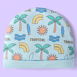 Babyhug Interlock Cotton Knit Tropical & Stripe Printed Caps Pack Of 2 - Blue & Yellow image 4