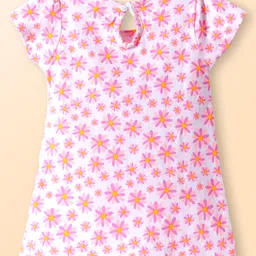 Babyhug Single Jersey Knit Half Sleeves Solid & Floral Printed A Line Frocks with Bow Applique Pack of 2 - Pink & White image 5