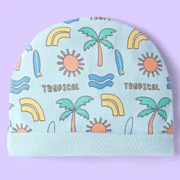 Babyhug Interlock Cotton Knit Tropical & Stripe Printed Caps Pack Of 2 - Blue & Yellow image 5