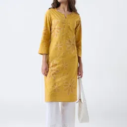 Utsa by Westside Mustard Floral Printed Cotton Straight Kurta-image-22