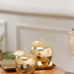 Pure Home and Living Gold Brass Hammered Apple Shaped Decorative Jars With Tray - Set of 3-picture-13