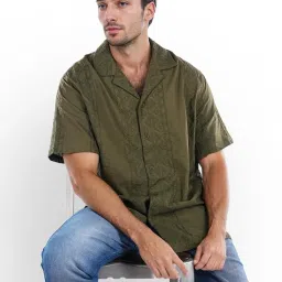 celio Celio* Khaki Boxy Fit Embroidered Shirt image 4