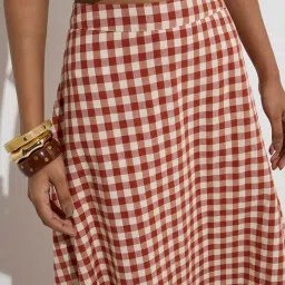 LOV by Westside Rust Gingham Checkered High-Rise Cotton Skirt image 4