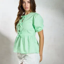 VIRGIO Green Cotton Solid Short Sleeves Top image 4