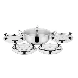 Prabha Stainless Steel Silver Tri-Ply Multi Kadhai, 26cm, 6Plates, Transparent Glass Lid-image-37