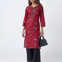 Utsa by Westside Maroon Floral Printed Cotton Straight Kurta-image-17